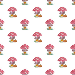 Fototapeta na wymiar Cartoon houses in the form of a fly agaric on a white background. Seamless patterns. The illustration is drawn in watercolor by hand.
