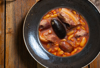 Dish of typical Asturian Spain Asturian fabada beans and sausages