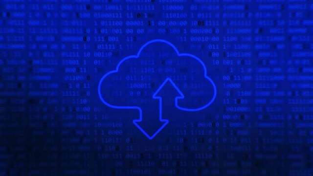 Code cloud computing digital concept. Cloud storage sign with two up and down arrows on blue background. Cloud technology.