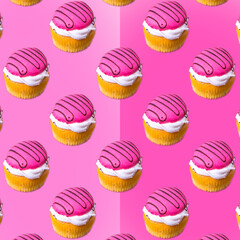 Cupcakes with white and pink cream on a pink gradient background, flat layout, seamless pattern, wallpaper, banner, template