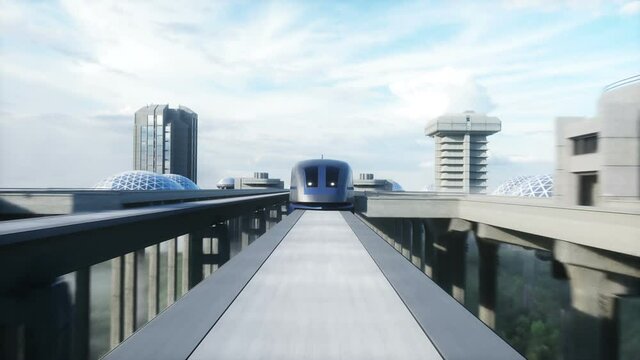 futuristic train station with monorail and train. traffic of people, crowd. Concrete architecture. Future concept. Realistic 4k animation.
