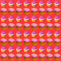 Cupcakes with white and pink cream on a red background, flat layout, seamless pattern, wallpaper, banner, template