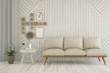 Wooden living room with sofa. Scandinavian interior design. 3D illustration