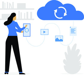 Fototapeta na wymiar Cloud Backup. Girl Syncing Files in Cloud Storage. Concept of Cloud Storage. Modern vector illustration concept. Backup concept. Network cloud service.