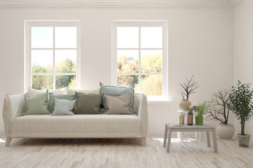 White living room with sofa. Scandinavian interior design. 3D illustration