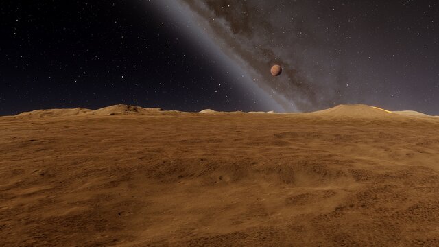 realistic surface of an alien planet, view from the surface of an exo-planet, canyons on an alien planet, stone planet, desert planet 3d render