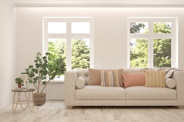 White living room with sofa and summer landscape in window. Scandinavian interior design. 3D illustration