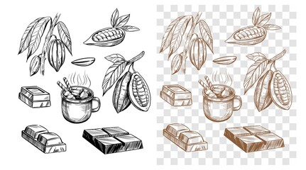 Chocolate bar, cocoa bean, hot chocolate. Set of outline illustrations. Vector on transparent background - obrazy, fototapety, plakaty