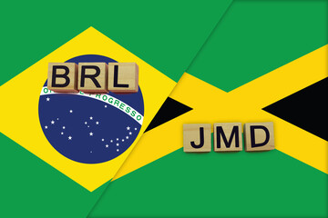 Brazil and Jamaica currencies codes on national flags background