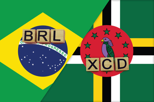 Brazil and Dominica currencies codes on national flags background
