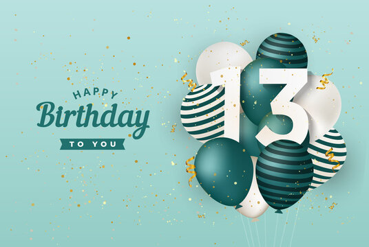 Happy 13th birthday with green balloons greeting card background. 13 years anniversary. 13th celebrating with confetti. Vector stock