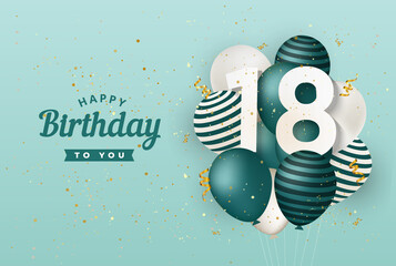 Happy 18th birthday with green balloons greeting card background. 18 years anniversary. 18th celebrating with confetti. Vector stock