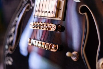 close up details of beautiful spanish semi hollow body electric guitar