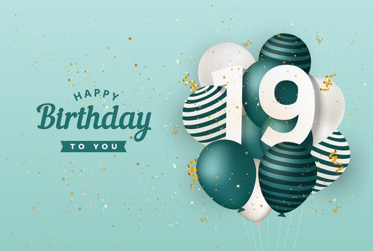 Happy 19th birthday with green balloons greeting card background. 19 years anniversary. 19th celebrating with confetti. Vector stock