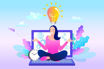 Woman thinks of great idea on her laptop. Good idea reach inspiration motivation, found solution for success at work. Vector illustration.
