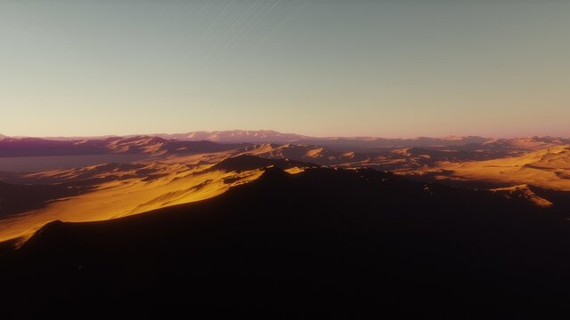 beautiful view from an exoplanet, a view from an alien planet, a computer-generated surface, a fantastic view of an unknown world, a fantasy world 3D render
