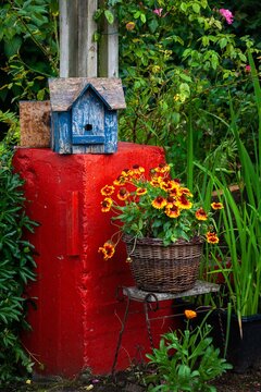 rustic looking painted birdhouse in garden with flowers