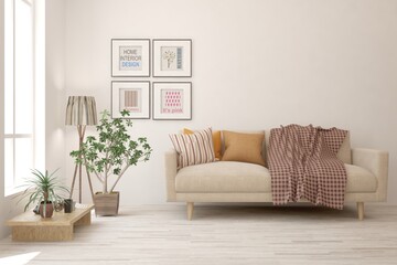White living room with sofa. Scandinavian interior design. 3D illustration