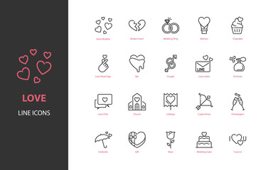 set of love thin line icons, valentine, heart, romance