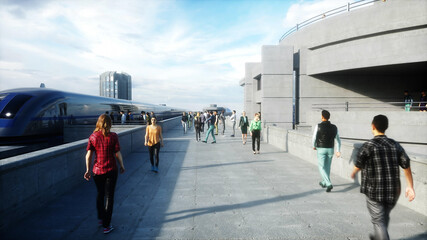 futuristic train station with monorail and train. traffic of people, crowd. Concrete architecture. Future concept. 3d rendering.