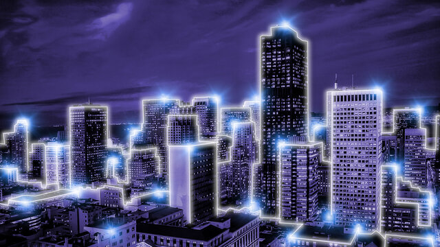 Financial investment concept, Double exposure of city night and stack of coins for finance investor, Forex trading candlestick chart economic , ECN Digital economy, business, money, passive income.