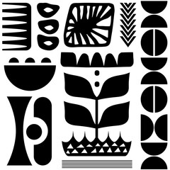 Scandinavian folk art seamless vector pattern with plants and other figures in minimalist style