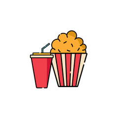 popcorn and beverage glass icon on white background. Vector illustration in flat cartoon design. 