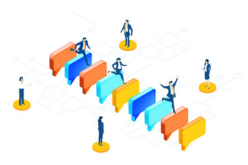 Isometric 3D business environment with business people running on top of speech bubbles. Data protection, security, investment, support infographic illustration.