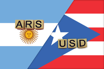 Argentina and Puerto Rico currencies codes on national flags background