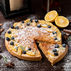 Citrus cake for a new year festive dinner, close up