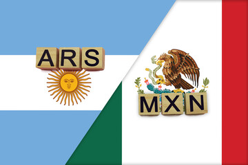 Argentina and Mexico currencies codes on national flags background