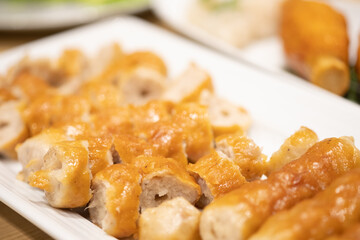 Namnueng is a Vietnamese dish that is popular in Thailand. It is made from mashed pork. Much eating with side dishes as chili, garlic, mango, raw banana and fresh vegetables.