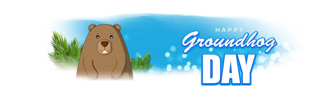 Vector illustration concept of Happy Groundhog Day greeting with cute groundhog coming out from snow covered ground. 2 February.