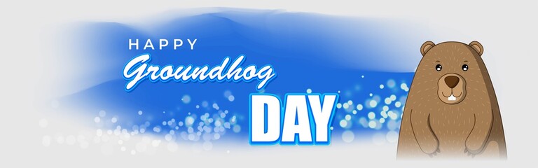 Vector illustration concept of Happy Groundhog Day greeting with cute groundhog coming out from snow covered ground. 2 February.