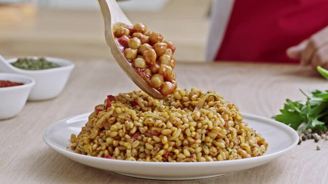 Turkish Rice with chickpea served with salt and pepper / Nohut Pilav / Pilaf.Turkish Rice,Nohut Bulghur / Pilaf.