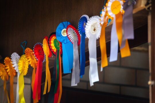 colorful ribbons prizes hanging from beam