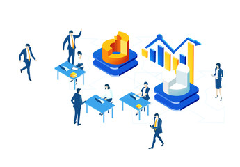 Isometric 3D business environment with business people working around growth charts and bars. Finance, economy, banking, success, personal security concept infographic illustration.