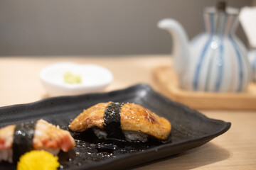 Foie gras sushi in a Japanese restaurant.