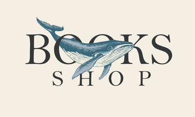 Vector banner for books shop with inscription, a hand-drawn whale and a map in vintage style. Suitable for advertising flyer, label, icon, bookmark, business card, design element © paseven