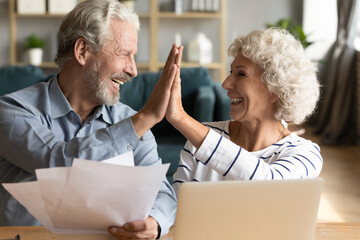 Smiling old hoary man giving high five to mature wife, finishing calculating domestic expenses,...