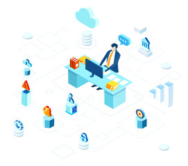 Isometric 3D business environment with businessman sits by his desk and surrounded by business icons. Data protection, security, investment, support infographic illustration.