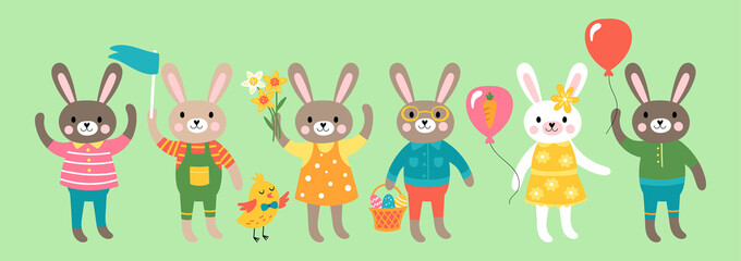Obraz premium Easter holiday cute bunny character set. Childish print for cards, nvitations, stickers and decoration