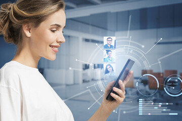 Cheerful young woman with phone, HUD network interface