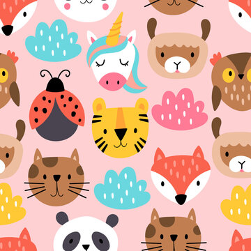 Seamless pattern background with cute animals heads. Childish print for cards, stickers, apparel and decoration. Vector Illustration