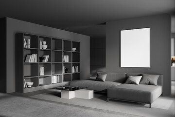Gray living room corner with poster and bookcase