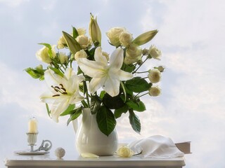 Still life with white flowers bouquet on sky background