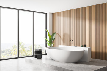 Fototapeta na wymiar Panoramic wooden bathroom corner with tub