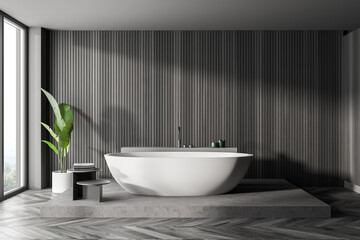 Fototapeta na wymiar Panoramic dark wooden bathroom interior with tub