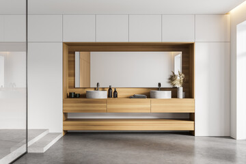 White and wooden bathroom with double sink
