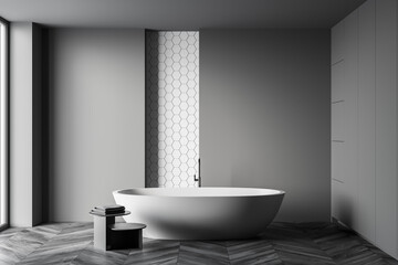 Panoramic gray and white bathroom interior with tub